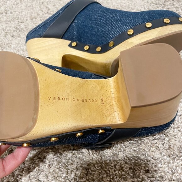 NWOT Veronica Beard Dacey Denim Leather Buckle Mule Clogs Heels Size 6.5 - Picture 8 of 8
